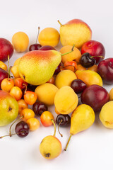 Pears,apricot, cherries on pink background