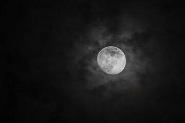 Naklejka na ściany i meble Halloween full moon in pitch black dark skies with clouds
