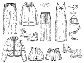 vector, isolated, sketch set of women's, fashionable clothes