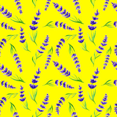 Watercolor seamless pattern with lavender on yellow background