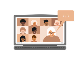 Vector isolated flat illustration. Screen of laptop with children and elderly teacher. Online distant education with class in quarantine time. Web platform for homeschooling and remote studying.