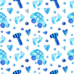 Watercolor seamless pattern for baby boy with blue cars, hearts, feet on white background