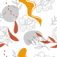 Botanical and abstract pattern. Foliage line art drawing with abstract shape. Abstract Plant Art design for print, cover, wallpaper, Minimal and natural wall art. Vector illustration.
