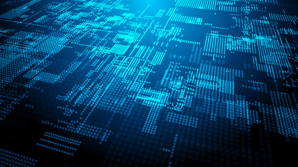 Digital background with moving glowing particles. Futuristic hi-tech illustration. Concept of data transfer in cyberspace. Big data visualization. 3d rendering.