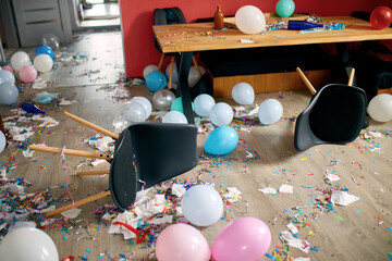 After party chaos, messy in livving room at home