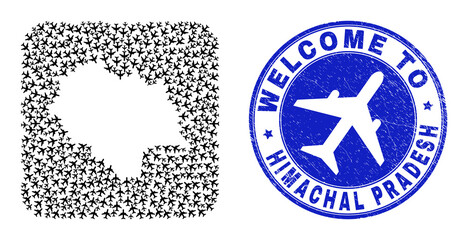 Vector collage Himachal Pradesh State map of sky jet items and grunge Welcome badge.