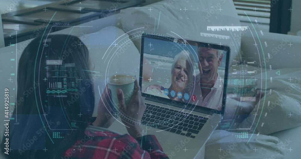 Poster Animation of scope scanning and data processing over woman using laptop on video call