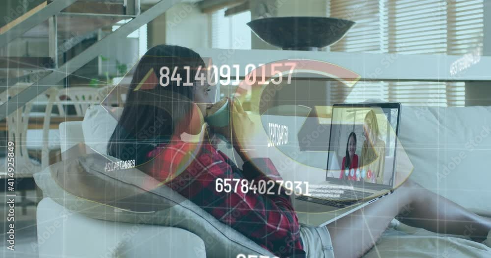 Poster animation of numbers changing over woman using laptop on video call in background