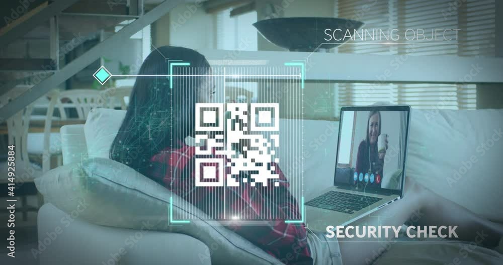 Aufkleber animation of qr code security check over woman using laptop on video call