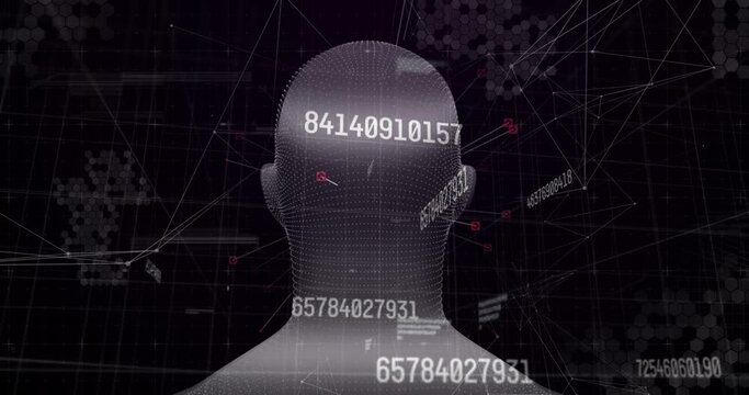 Animation of numbers changing over human head spinning in background