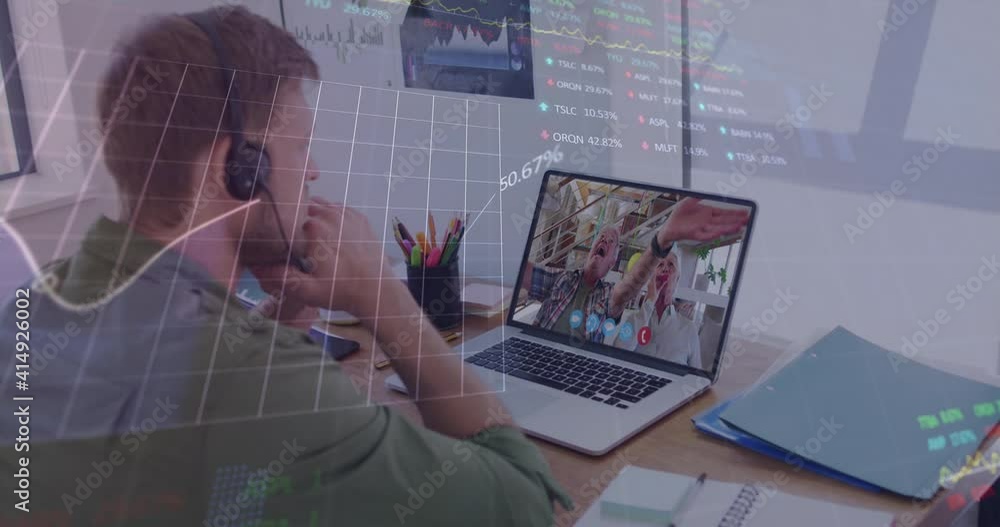 Poster animation of financial data processing over man using laptop on video call