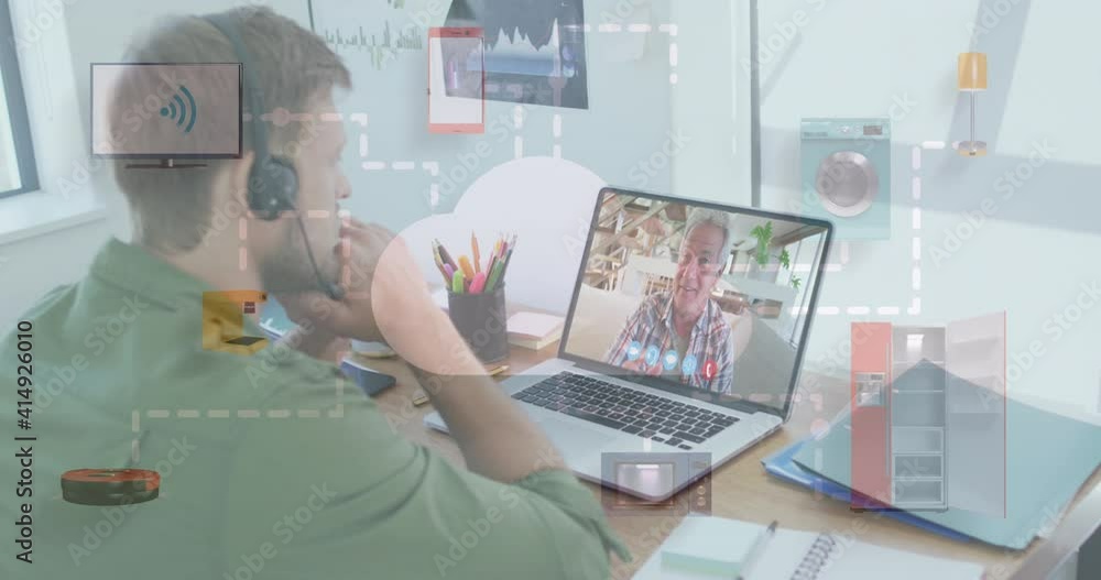 Poster animation of network of icons over man using laptop on video call
