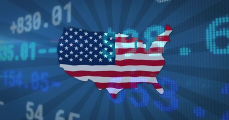 Animation of financial data processing over map of usa with american flag - Powered by Adobe