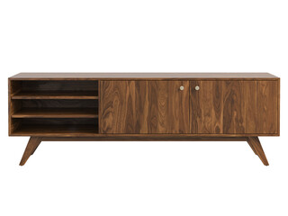 Wooden media console with retractable shelves and doors. 3d render