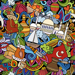 Cartoon doodles Turkey seamless pattern.
