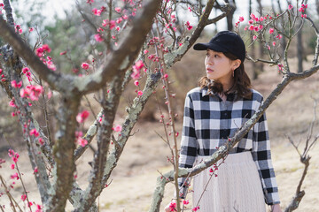 梅の花を鑑賞する女性