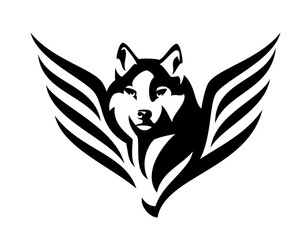 wild wolf or husky sled dog head and wings portrait - mythical animal looking forward fool face black and white vector outline © Cattallina