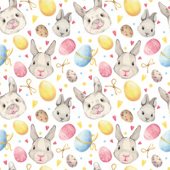 Watercolor seamless easter pattern with cute bunnies, easter eggs, hearts and bows. Hand-drawn easter bunnies, colored eggs. Stylish cute easter background.