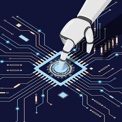 The robot presses a button on the circuit board.