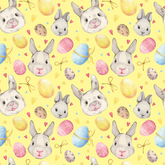 Watercolor seamless easter pattern with cute bunnies, easter eggs, hearts and bows. Hand-drawn easter bunnies, colored eggs. Stylish cute easter background.