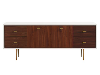 Wooden media console with retractable shelves and doors. 3d render