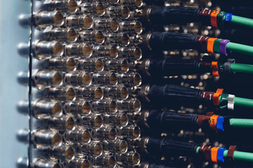 Connecting BNC connector for CCTV system. Broadcasting system room.