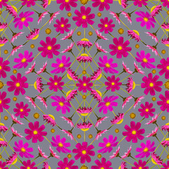 Colorful floral seamless pattern with cosmos flowers collage on gray background. Stock illustration.