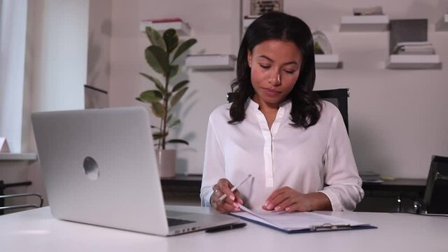 HR manager woman discuss resume contract agreement with candidate at video call on laptop Spbi. Distant job interview. Concept agreement, applicant, document. Employer hire employee