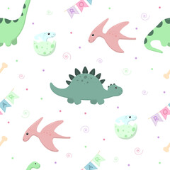 Pattern with cute dinosaurs. Vector illustration.