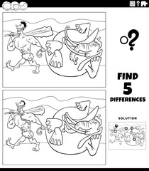 differences game with caveman and mammoth coloring book page