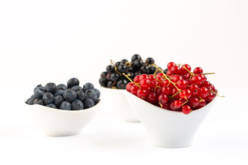 Blueberry, black and red currant in bowls