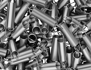 Background of compression spring on white background. Close up of a spring coil on white background. Metal stainless spring spare parts for industry.
 - obrazy, fototapety, plakaty