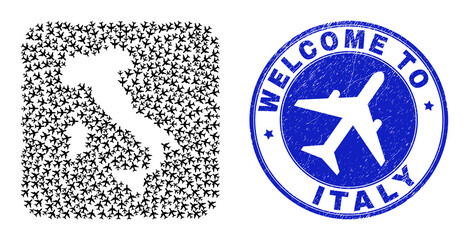 Vector collage Italy map of sky jet elements and grunge Welcome seal stamp. Collage geographic Italy map constructed as subtraction from rounded square with sky jets.