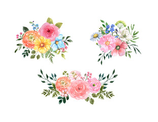 Beautiful floral bouquets and arrangements illustration. Watercolor pink, yellow, blue flowers and green leaf on white background. Spring botanical open wreaths for cards, invitations, greetings. - 414930074
