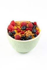 Corn flakes and fresh raspberry and blueberry