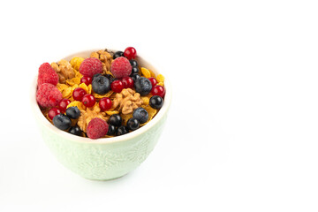 Corn flakes and fresh raspberry and blueberry