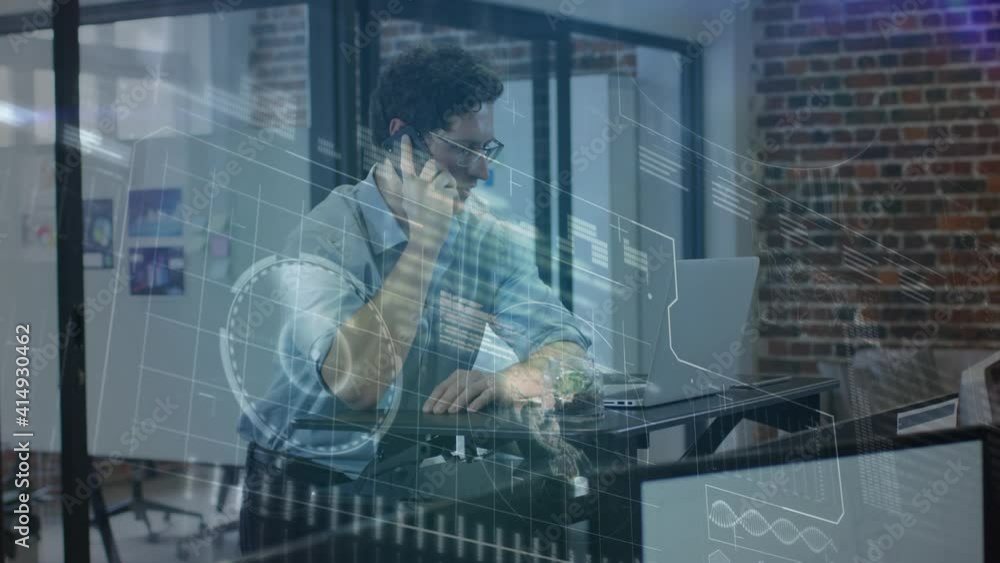 Poster digital interface with data processing against caucasian man talking on smartphone at office