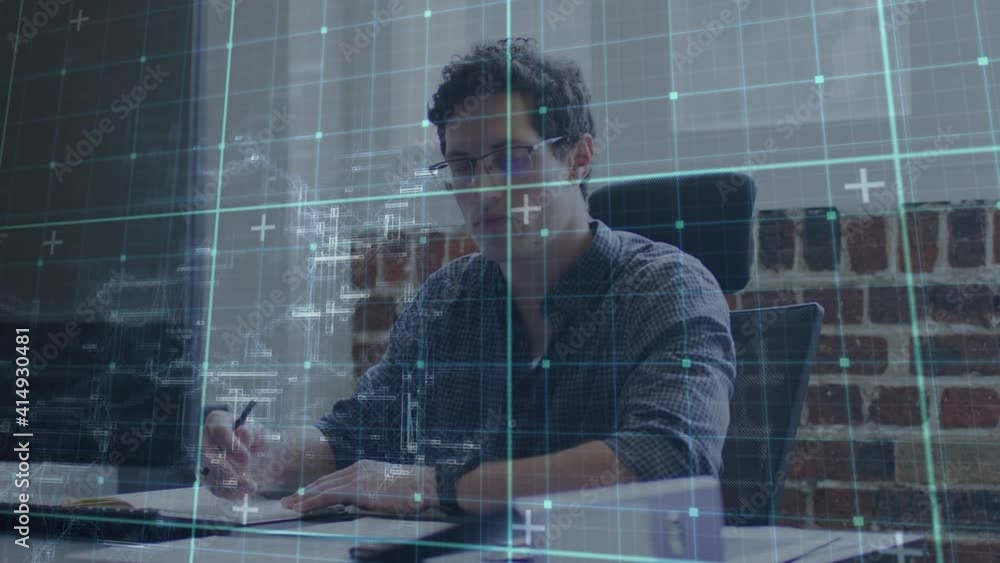 Poster grid network and data processing against portrait of caucasian man taking notes at office