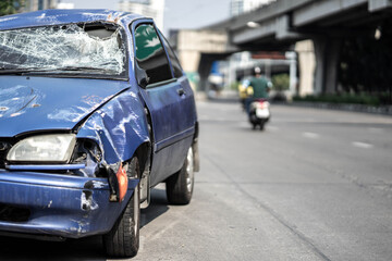 Fototapeta na wymiar Closeup of car with broken windshield, damaged automobiles.