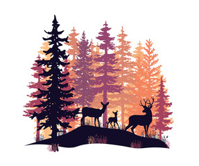 Naklejka premium Deer with antlers, doe, fawn posing in magic misty forest. Silhouettes illustration. Orange, violet and pink coniferous trees.