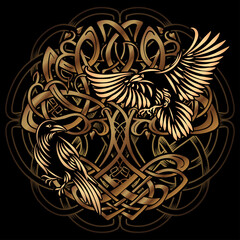 Celtic sacred symbols - Yggdrasil tree of life and totem birds raven Huginn and Muninn ravens of Odin