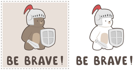 Cute chubby medieval knight costume teddy bear and polar bear cartoon doodle pastel square card for kids