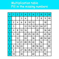 Multiplication Square. Paste the missing numbers. School vector illustration with colorful cubes. Multiplication Table. Poster for kids education. Maths child card