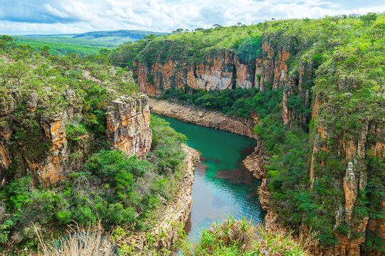 Canyons of Furnas, city's postcard of Capitólio MG Brazil. Beautiful panoramic landscape of eco tourism of Minas Gerais state. Beautiful green water of Lake of Furnas.