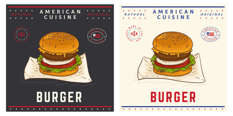 Burger vintage retro illustration of american street food