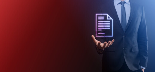 Businessman man holding a document icon in his hand Document Management Data System Business Internet Technology Concept. Corporate data management system DMS