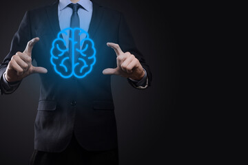 Businessman holding abstract brain and icon tools, device, customer network connection communication on virtual , innovative development future technology, science, innovation and business concept