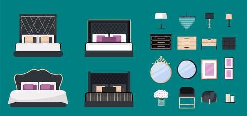 Bedroom furniture flat icons set with bed, lamp, chandelier, armchair, mirror isolated vector illustration. Set up your own bedroom. Suitable for hotel, interior design and furniture store