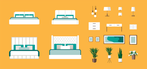 Bedroom furniture flat icons set with bed, lamp, chandelier, armchair, mirror isolated vector illustration. Set up your own bedroom. Suitable for hotel, interior design and furniture store