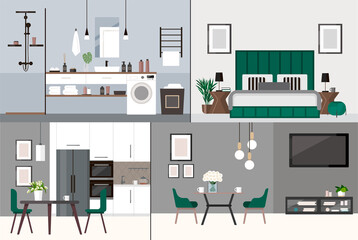 Vector stock design of all interiors in apartment. Public and private interiors illustrations set.  Living room, bathroom, bedroom, kitchen. All common areas, living room, kitchen